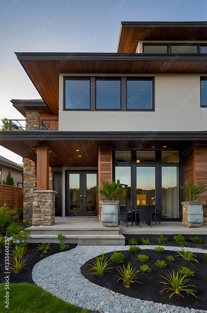 Obraz premium Modern Architectural Home Design: Luxury Real Estate with Stone and Wood Exterior