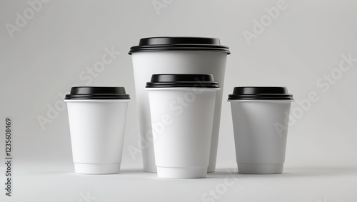 Wallpaper Mural three white paper coffee cups with black lids. The cups are arranged in a triangular formation, with the largest cup in the center and two smaller cups on either side.  Torontodigital.ca