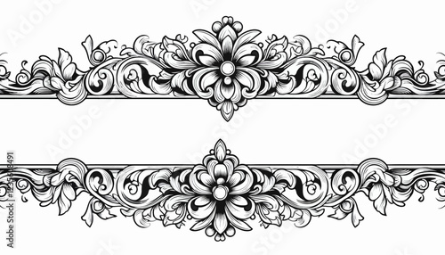 Elegant black and white floral decorative border design elements.