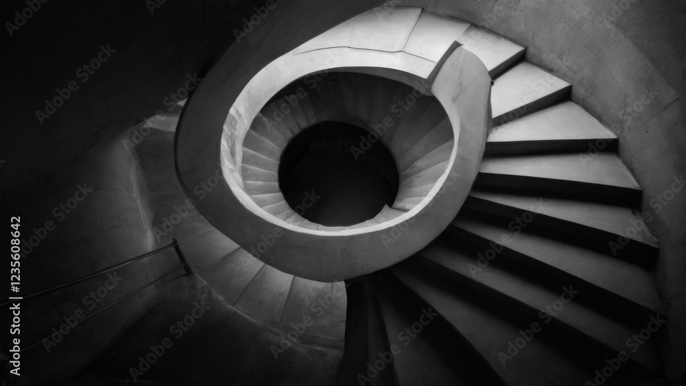 Fototapeta premium Spiral Staircase with Concrete Steps and Circular Hole, Creating Depth and Mystery in Black and White Photography