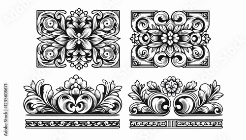 Ornate black and white decorative elements and floral patterns.