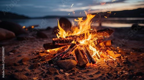 Un feu de camp crépite sur une plage au crépuscule, illuminant le sable et l'eau.