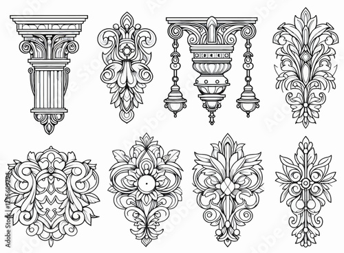 Ornate architectural elements and decorative designs in black and white.