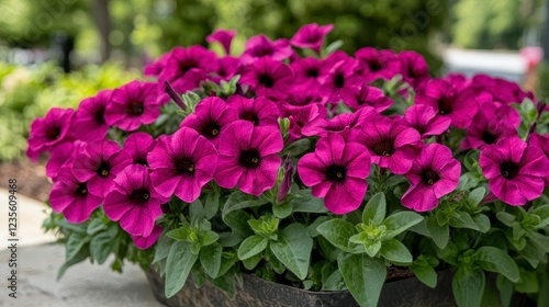 Wallpaper Mural Vibrant purple petunias in a dark container, lush green foliage, outdoor setting, bright daylight, close up view Torontodigital.ca