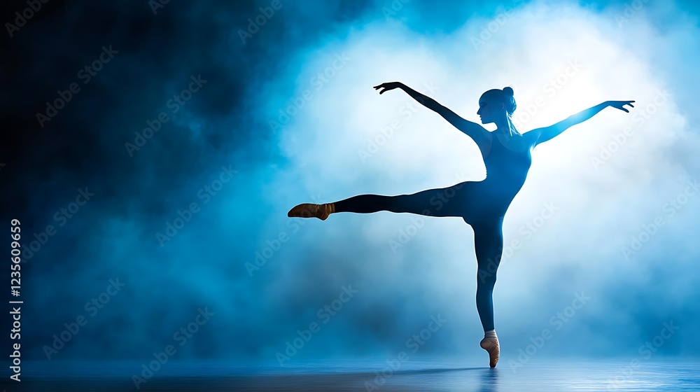 Elegant ballet dancer performing a graceful pose on stage with dramatic blue lighting and fog in the background Elegant ballet dancer performing a graceful pose on stage with dramatic blue lighting and fog in the background