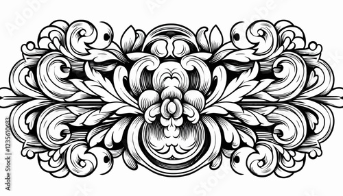 Ornate black and white baroque scrollwork design element with intricate acanthus leaves and central floral motif, a classic decorative embellishment.