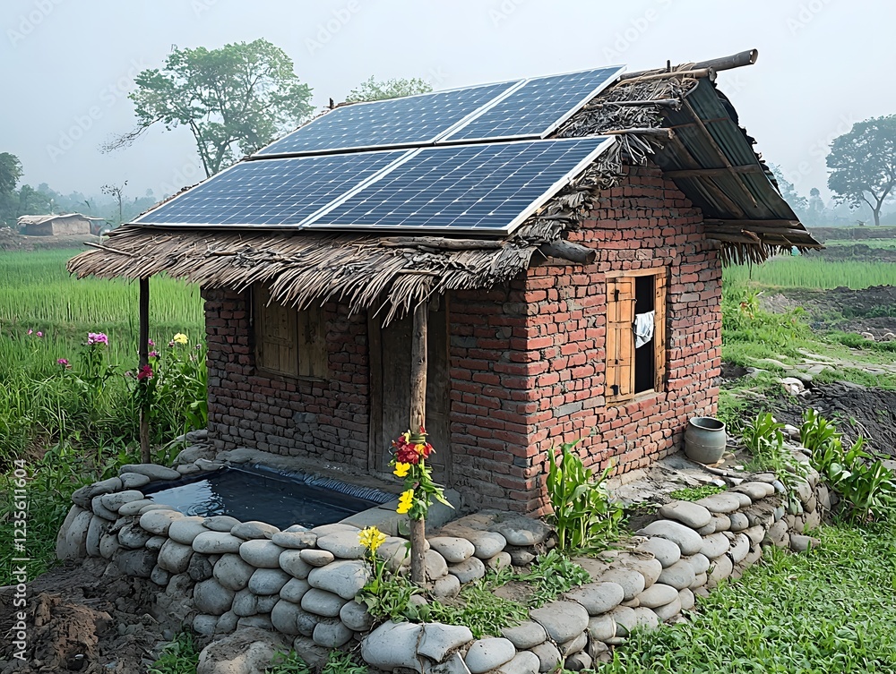 Eco-Friendly Brick House Surrounded by Greenery with Solar Panels on Roof, Showcasing Sustainable Living in Rural Agriculture Setting Eco-Friendly Brick House Surrounded by Greenery with Solar Panels on Roof, Showcasing Sustainable Living in Rural Agriculture Setting