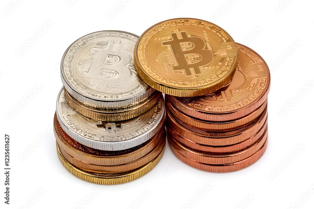 Stacks of Bitcoin Coins in Gold, Silver, and Copper Colors Stacks of Bitcoin Coins in Gold, Silver, and Copper Colors