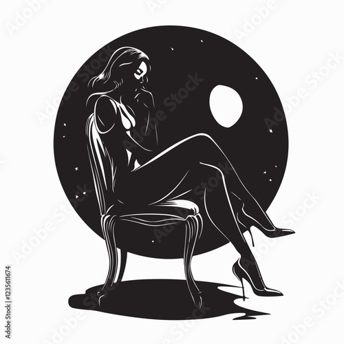 Woman Sitting on a Chair at Night, Enjoying the Beauty of Nature image vector