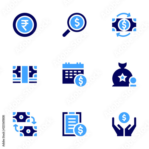 Money icon set. Bold style. Duotone colors. search, salary, cost, rupee, money exchange, money, save money, money flow, money bag