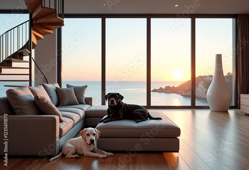 Modern Interior with Dogs: Black Dog on Morandi Sofa, White Dog Below, Sea View Sunset, Spiral Staircase, White Sculpture, Smooth Wood Floors, Neutral Palette, Cozy Ambiance, Realistic Photo.
