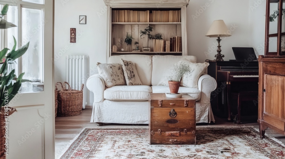 Fototapeta premium Cozy Living Room Interior with Vintage Furniture and Antique Details