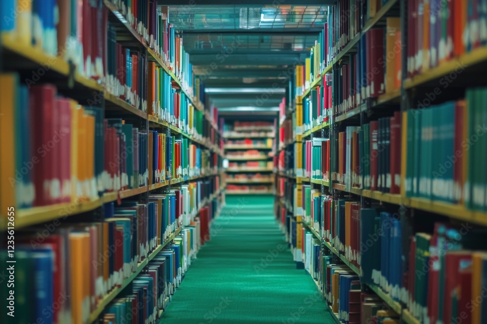 Rows and shelves filled with colorful books in the library at a university, with an empty green-carpeted walkway between them. Rows and shelves filled with colorful books in the library at a university, with an empty green-carpeted walkway between them.