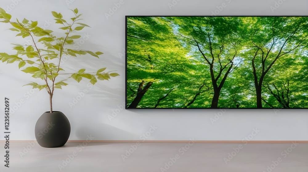 Obraz premium Modern Interior with Green Tree Artwork and Stylish Plant Decor