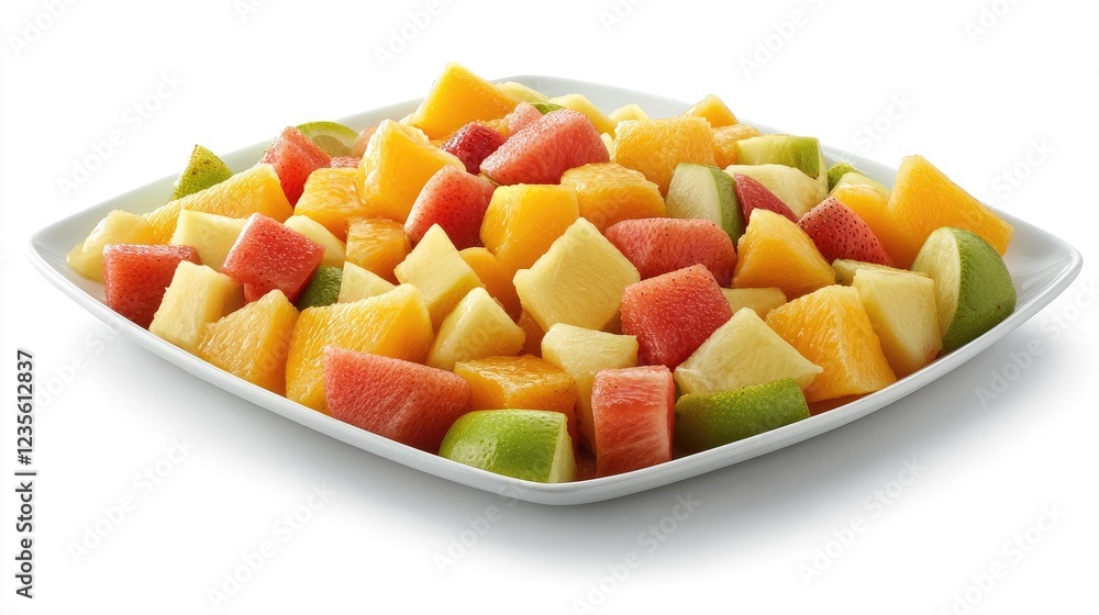 A beautiful mix of citrus and tropical fruits, cut into pieces and arranged on a white ceramic plate. A beautiful mix of citrus and tropical fruits, cut into pieces and arranged on a white ceramic plate.