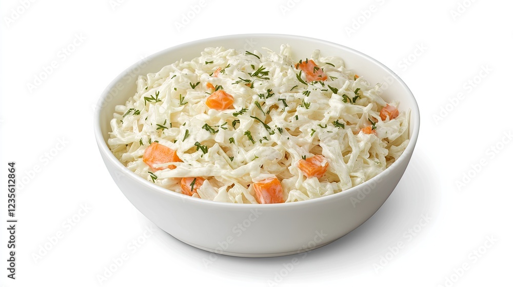 A bowl of coleslaw with shredded cabbage, carrots, and a light vinaigrette dressing, styled with copy space. A bowl of coleslaw with shredded cabbage, carrots, and a light vinaigrette dressing, styled with copy space.
