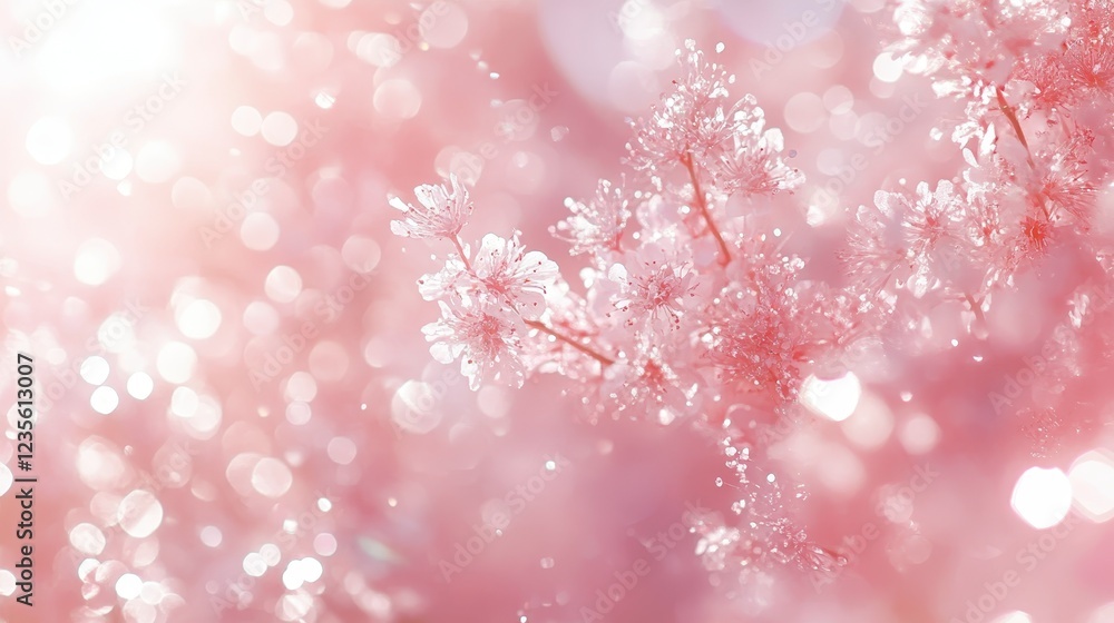 Close up of delicate, snow covered branches in soft pink and white hues. Sunlight creates a bokeh effect, highlighting the frosty details. The Close up of delicate, snow covered branches in soft pink and white hues. Sunlight creates a bokeh effect, highlighting the frosty details. The