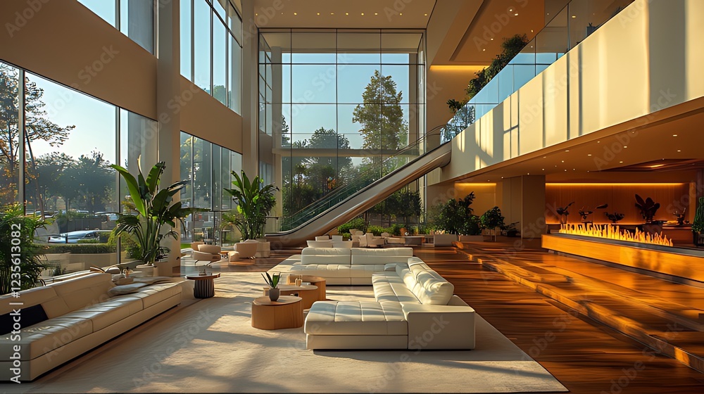 Fototapeta premium Modern lobby, sunrise, escalator, plants, city view, waiting area, relaxation