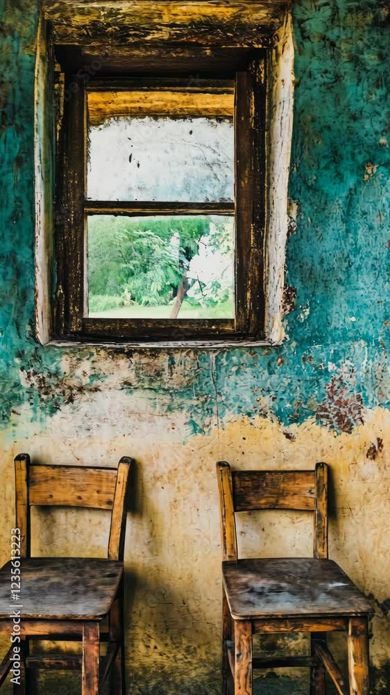 Two wooden chairs in a rustic room with a textured wall and an open window showcasing greenery outside Two wooden chairs in a rustic room with a textured wall and an open window showcasing greenery outside