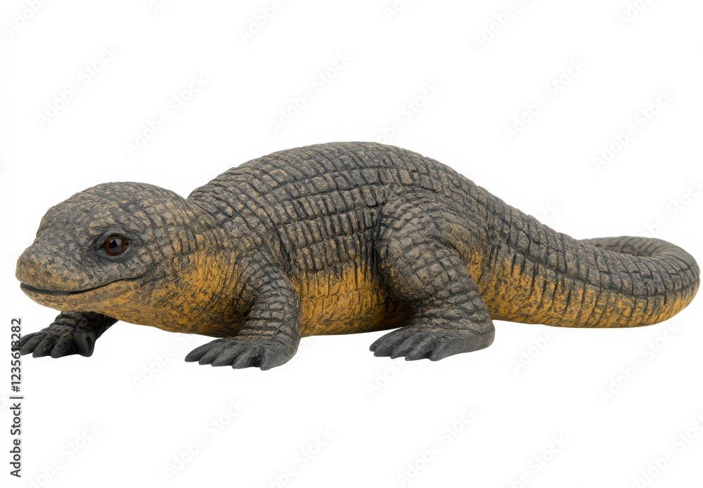 Detailed close up of a reptile model, showcasing its textured skin, small claws, and yellow underbelly against a plain white background. The model is Detailed close up of a reptile model, showcasing its textured skin, small claws, and yellow underbelly against a plain white background. The model is
