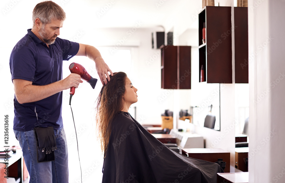 Woman, cosmetics and dryer for hairstyle at salon, luxury service and electric tool for heat treatment. Female person, client and appointment for hair care, appliance and grooming for transformation Woman, cosmetics and dryer for hairstyle at salon, luxury service and electric tool for heat treatment. Female person, client and appointment for hair care, appliance and grooming for transformation