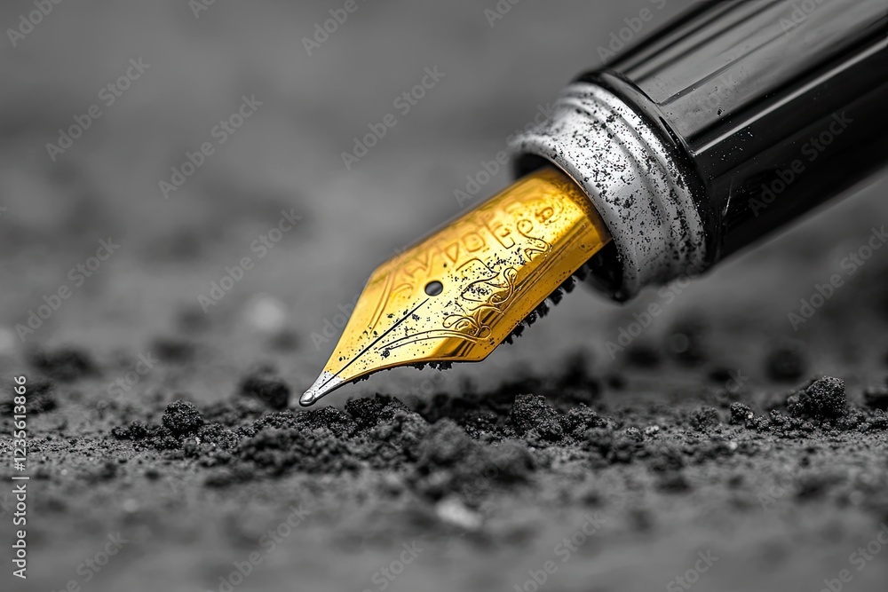 Obraz premium Close-up of a gold fountain pen nib touching dark soil.