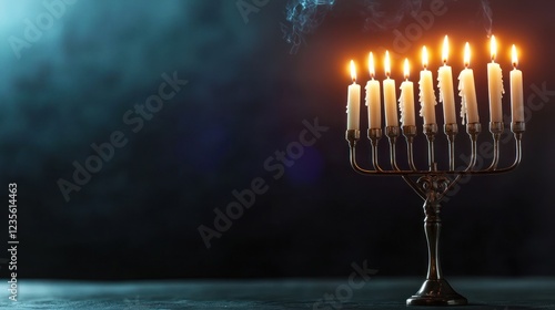 Silver Menorah with Burning Candles on Dark Background