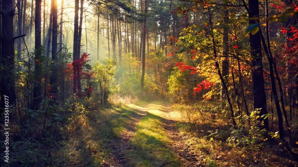 Obraz premium Autumn forest landscape. Colorful foliage on trees and grass shining on sunbeams. Amazing woodland. Scenery fall. Beautiful sunrays in morning forest.