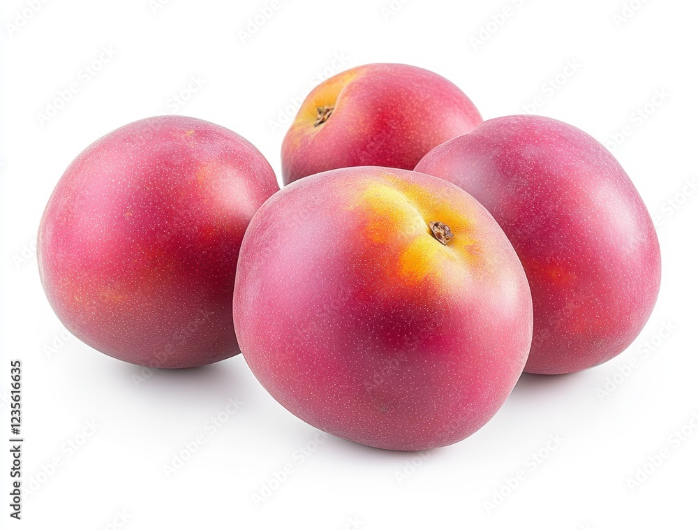 Four ripe red plums with a slightly textured skin are clustered together on a clean white background. The plums are mostly round with a slight Four ripe red plums with a slightly textured skin are clustered together on a clean white background. The plums are mostly round with a slight