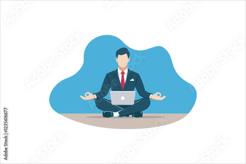Businessman doing yoga to calm down the stressful emotion from hard work in office over desk. Concept of meditation. Vector illustration.