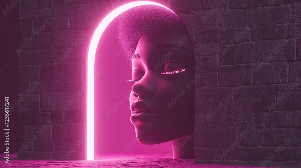Obraz premium Serene Black Woman Emerging From Pink Neon Archway