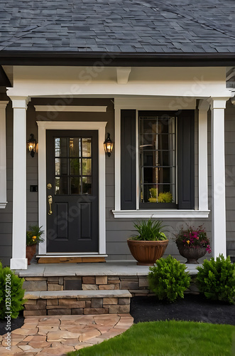 Elegant Home Exterior: Modern Design, Stone Steps, and Landscaping