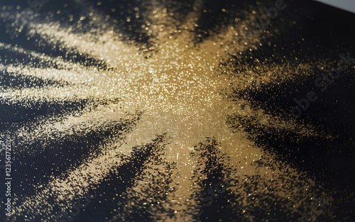 Golden Burst on Black: A captivating abstract design featuring a dazzling golden burst of glitter against a stark black backdrop. This image evokes a sense of energy, movement. photo