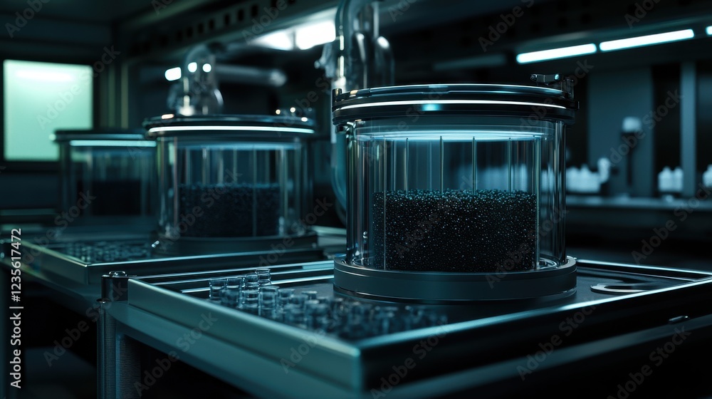 Laboratory Equipment with Glass Containers and Black Particles