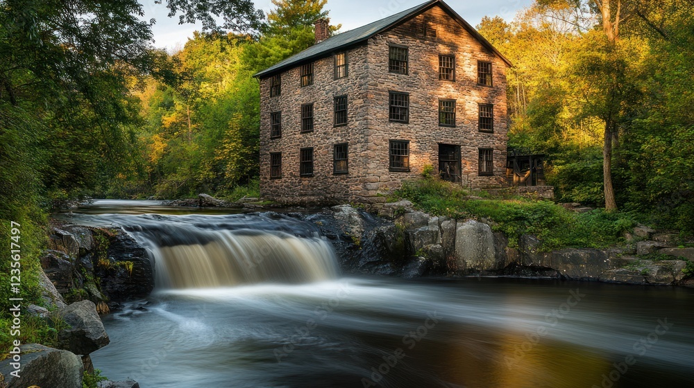 Naklejka premium Stone mill waterfall autumn foliage river