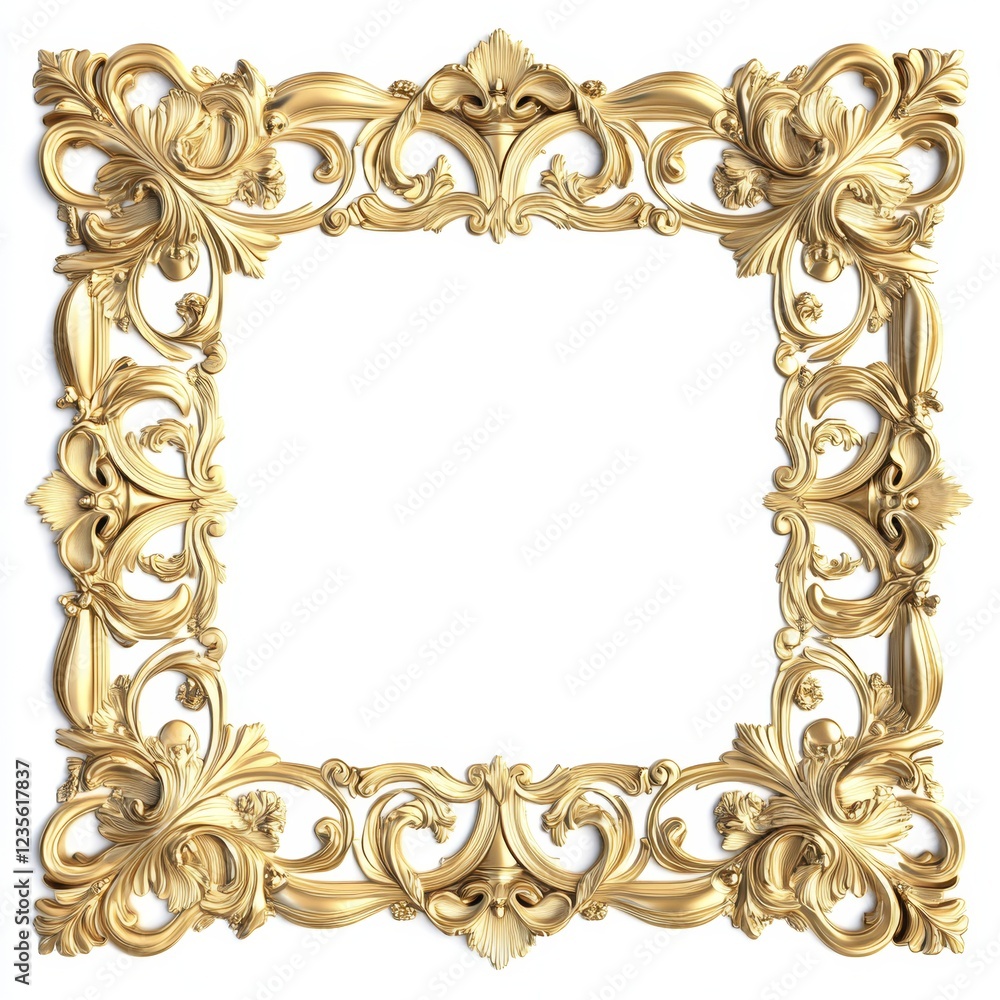 Gold ornate frame, isolated, baroque style, design element, white background Gold ornate frame, isolated, baroque style, design element, white background