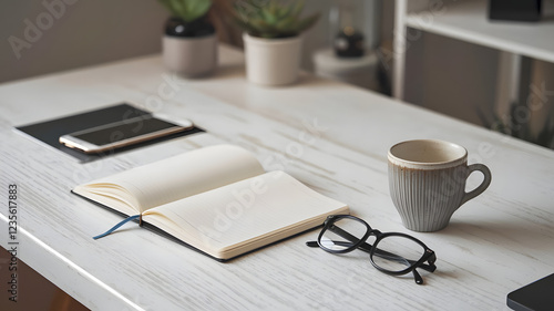 Wallpaper Mural Morning Coffee and Planning: A clean, minimalist workspace featuring an open notebook, a smartphone, reading glasses, and a mug of coffee, suggesting a productive start to the day. Torontodigital.ca