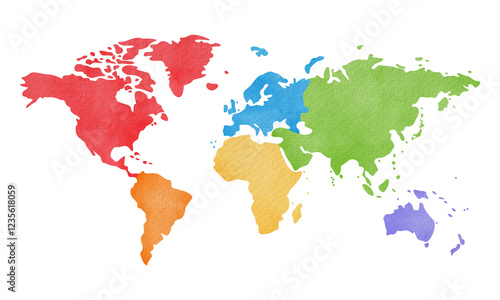 Fototapeta Naklejka Na Ścianę i Meble -  Watercolor world map divided into six continents isolated on transparent background
