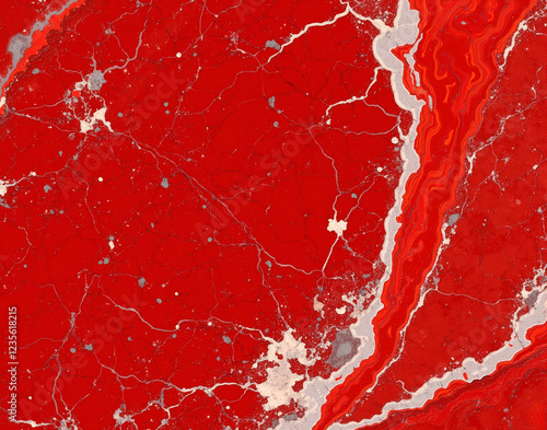 Seamless blood-red Levanto marble with white dendritic fractures and volcanic ash inclusions, 3D scanned quarry texture for realistic design. photo