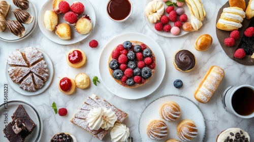 Delicious pastries & cakes assortment, marble table, overhead. Food photography for menus, websites photo