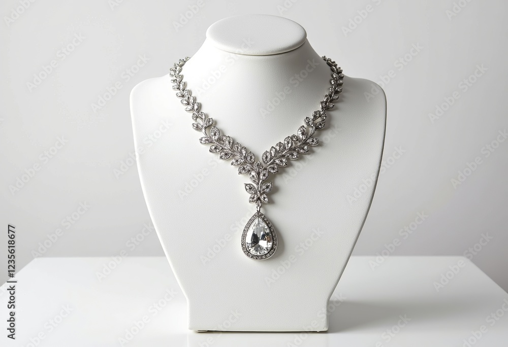 Teardrop Diamond Pendant: Necklace on White Bust Stand, Luxurious Design, White Background, Detailed Craftsmanship, Elegant Jewelry, Highlighting Sparkle, Fine Gemstones, Vector.
Teardrop Diamond Pendant: Necklace on White Bust Stand, Luxurious Design, White Background, Detailed Craftsmanship, Elegant Jewelry, Highlighting Sparkle, Fine Gemstones, Vector.