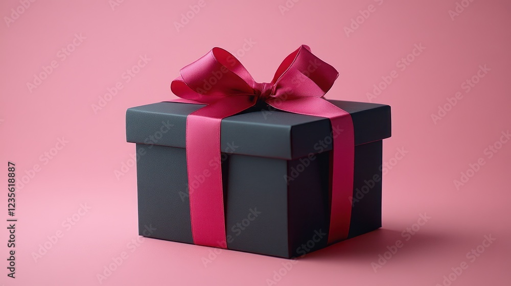 Pink background, black gift box, pink ribbon Pink background, black gift box, pink ribbon