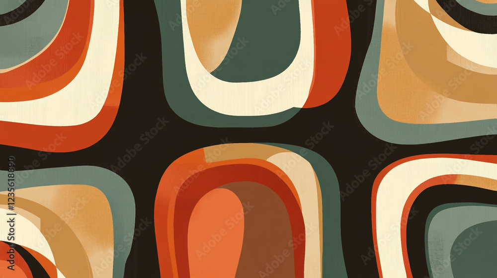 Obraz premium Retro seamless pattern with bold 70s-style abstract shapes and curves. Vintage design concept
