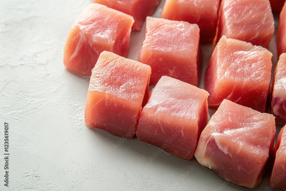 Fresh Cubes of Raw Meat Ready for Cooking on a Light Surface Fresh Cubes of Raw Meat Ready for Cooking on a Light Surface