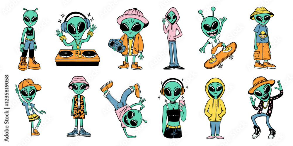 Fototapeta premium Urban alien character set. Alien vector element bundle, t-shirt design, sticker packs, object. Cool cartoon collection
