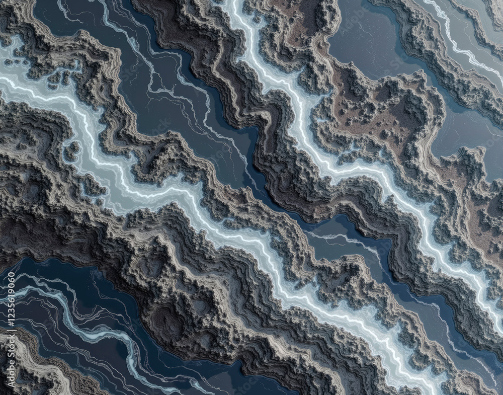 Fototapeta premium Procedural thunderstorm marble with jagged white veins on a gunmetal gray base, creating a dynamic, stormy effect