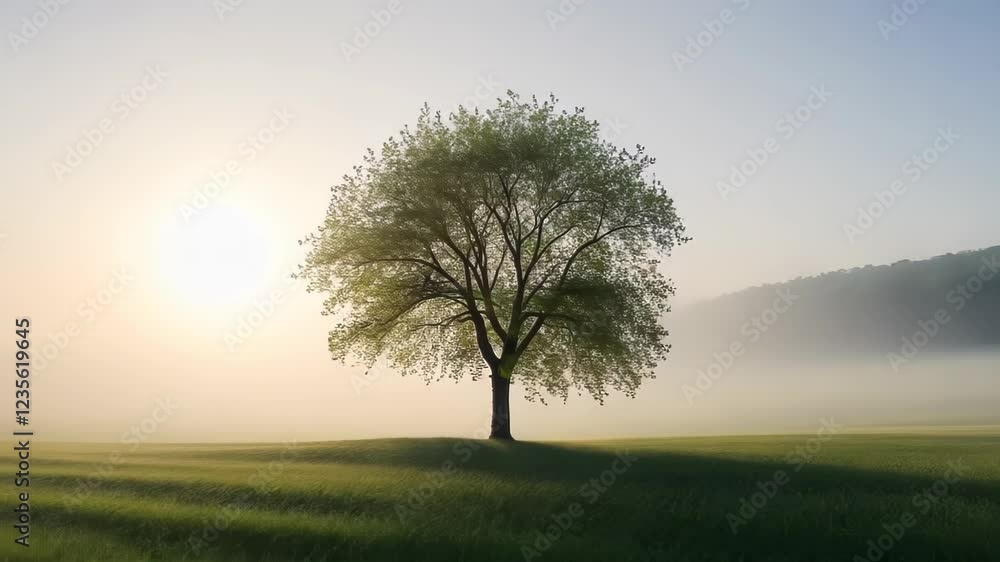 A solitary tree stands in a misty field, creating a serene and tranquil landscape. A solitary tree stands in a misty field, creating a serene and tranquil landscape.