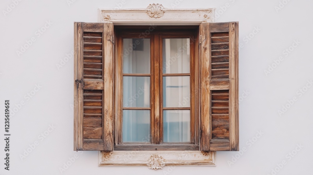 Rustic window shutters, open, white wall, sunny day, travel photography Rustic window shutters, open, white wall, sunny day, travel photography