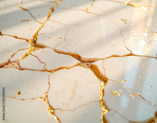 Cracked Carrara marble slab with gold-leaf veins, showcasing hyperrealistic fracture depth, with morning light casting long shadows for dramatic effect. photo