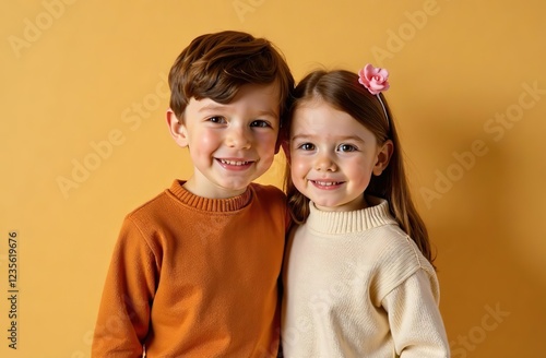 boy and girl together in sweaters fun casual wear beige background